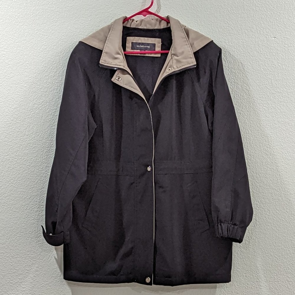 Liz Claiborne Black & Beige Lined Raincoat w/Removable Hood (LP)